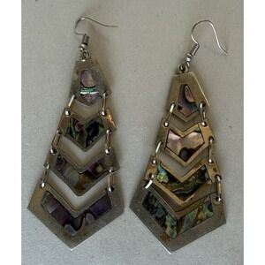 VTG Mexico Silver Stamped Abalone Shell Inlay 3.5" Long Earrings Chevron 4 Tier